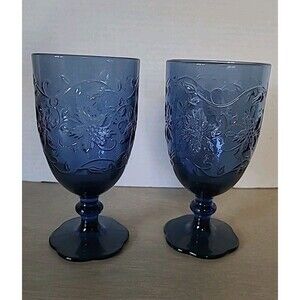 Set 2 Princess House Fantasia 7" Iced Tea Water Glasses Sapphire Blue Goblet